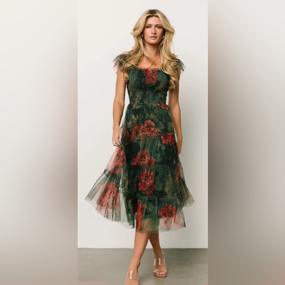 Baltic Born Green and Red Ruffled Tiered Halter Midi Dress